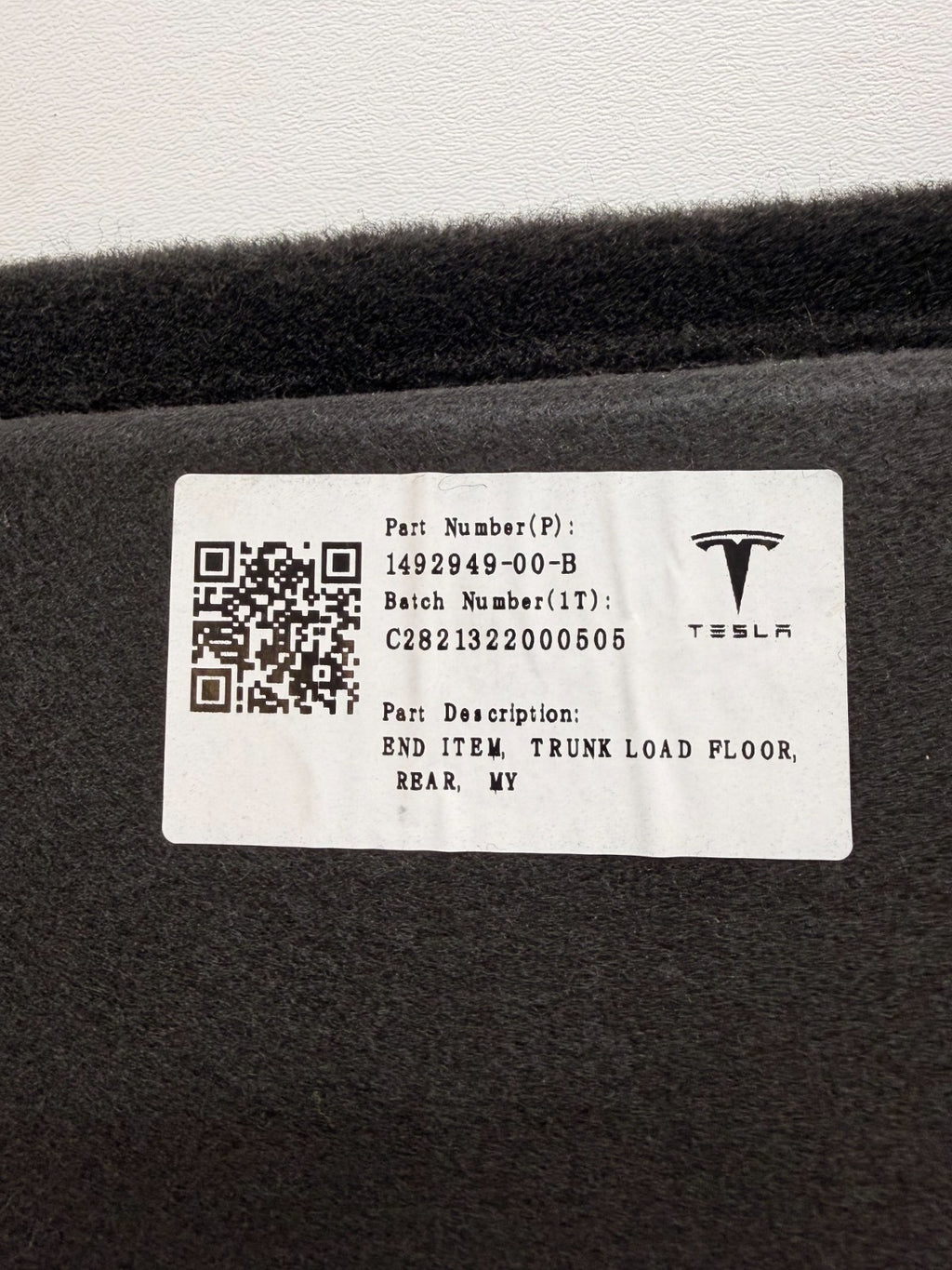 2020-2025 Tesla Model Y Rear Trunk boot floor carpet liner 1492949-00-B