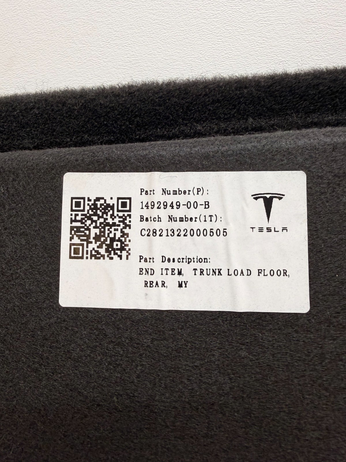 2020-2025 Tesla Model Y Rear Trunk boot floor carpet liner 1492949-00-B