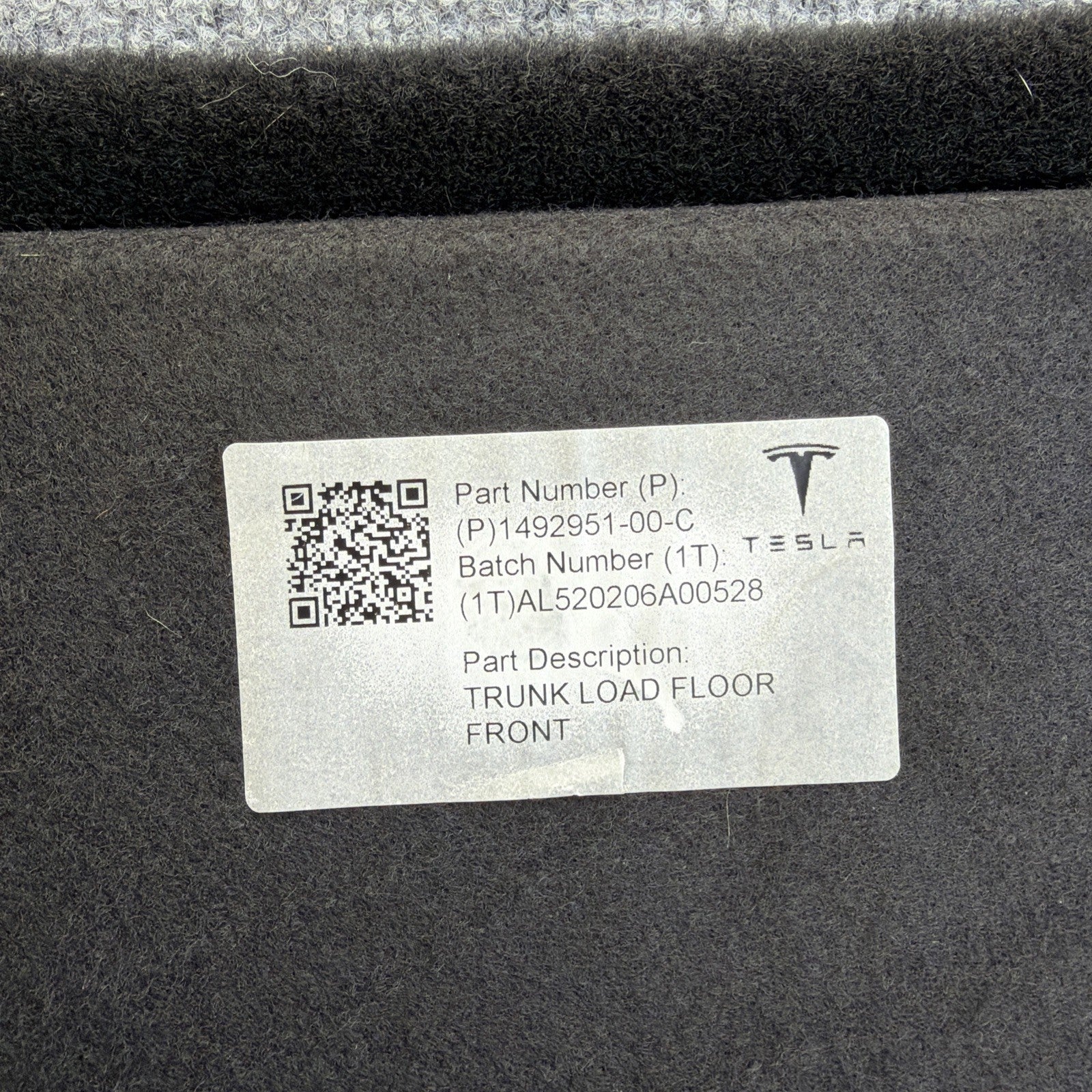 2020-2025 TESLA MODEL Y TRUNK FLOOR CARPET COVER ASSEMBLY OEM 1492951-00-C