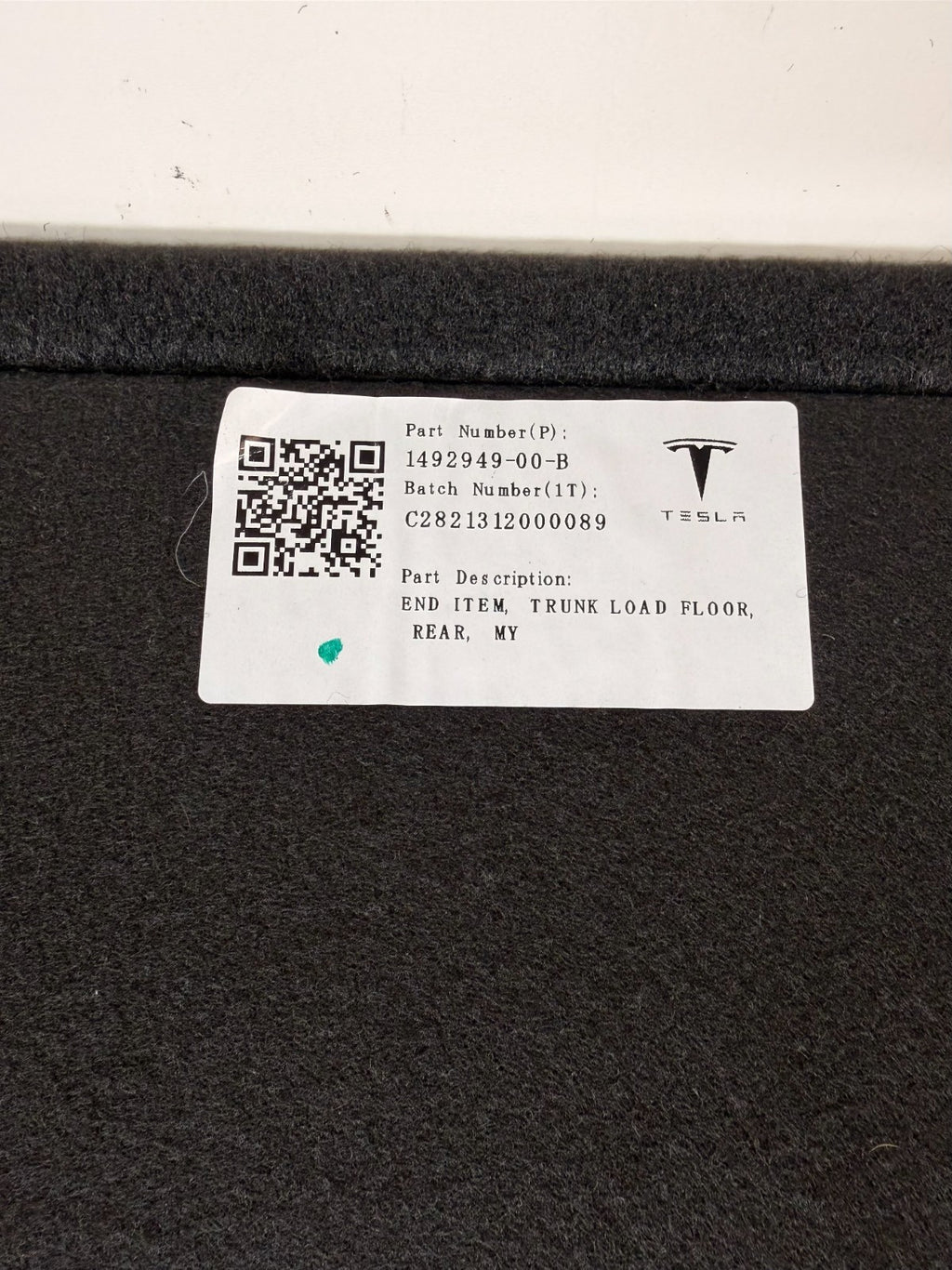 2020 2021-2023 Tesla Model Y Rear Trunk Floor Carpet Mat 1492949-00-B