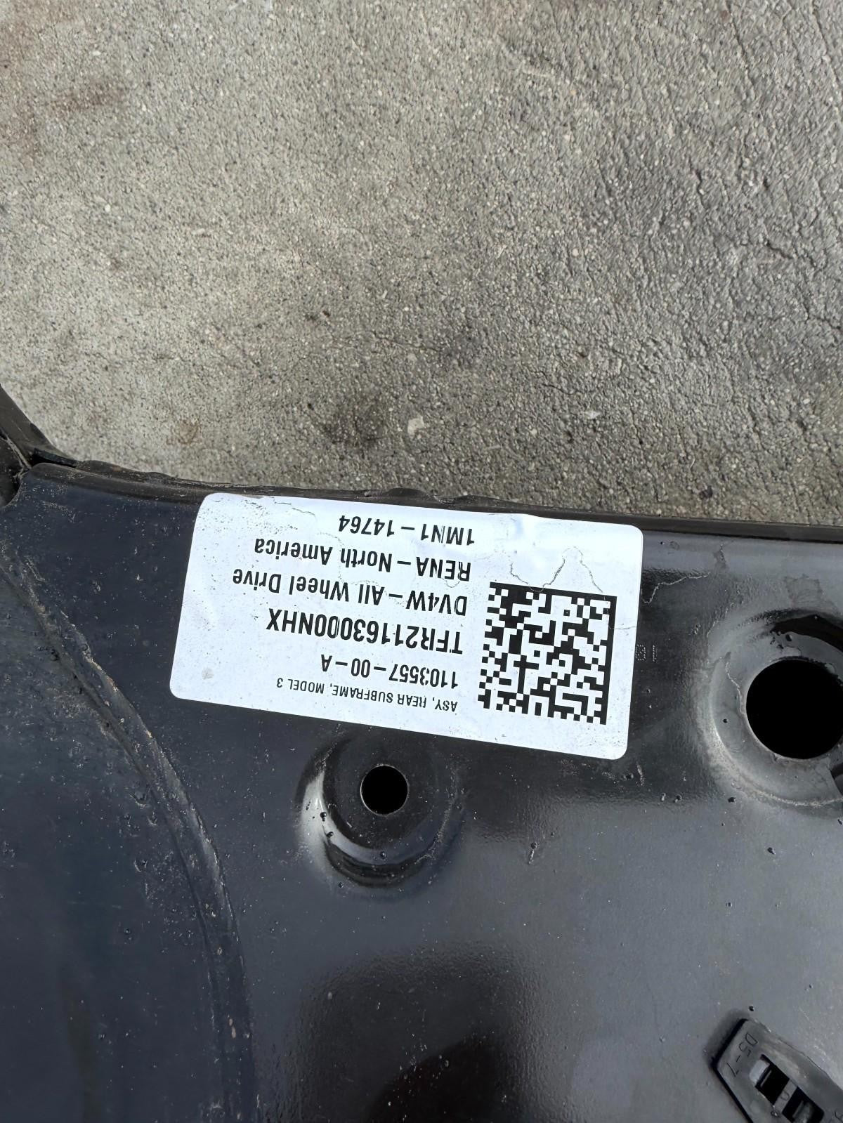 17-23 Tesla Model 3 AWD Rear Sub Frame CrossMember Cross Member OEM, 1103557-00A