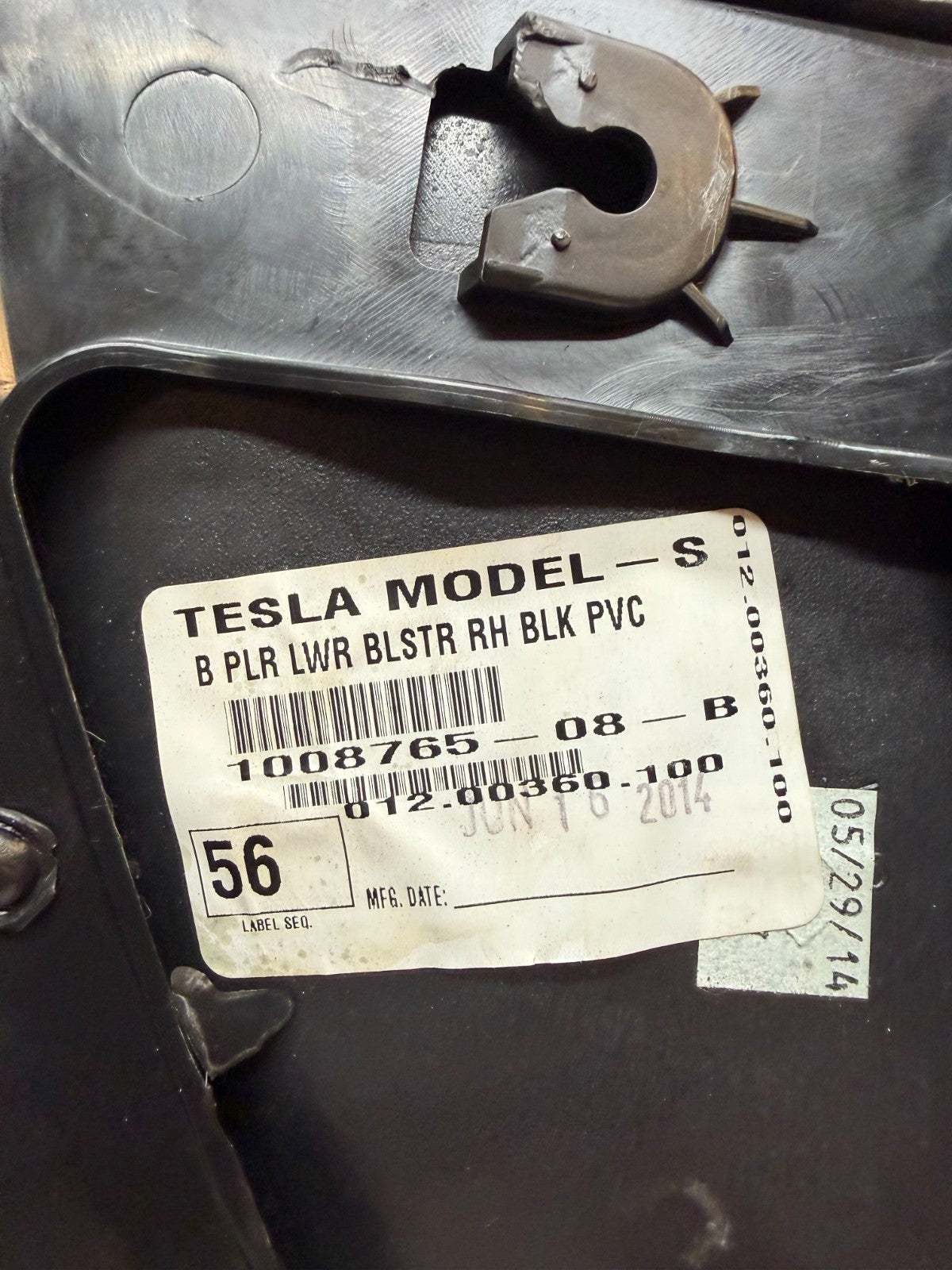 2012-20 Tesla Model S Right Side Lower Center B-Pillar Trim Panel 1008765-08-B