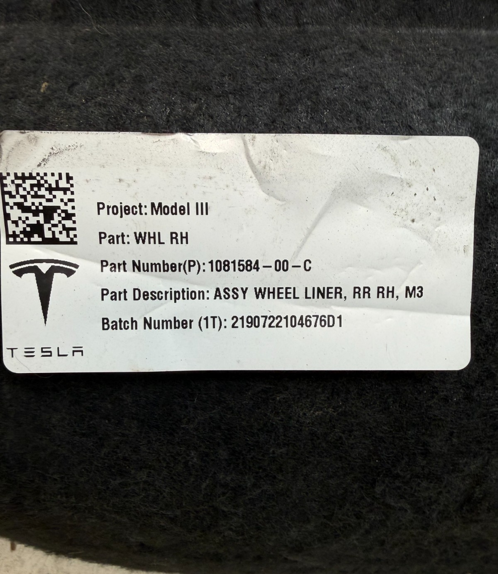 2017-2023 Tesla Model 3 Rear Right Wheel Liner Fender Shield 1081584-00-C