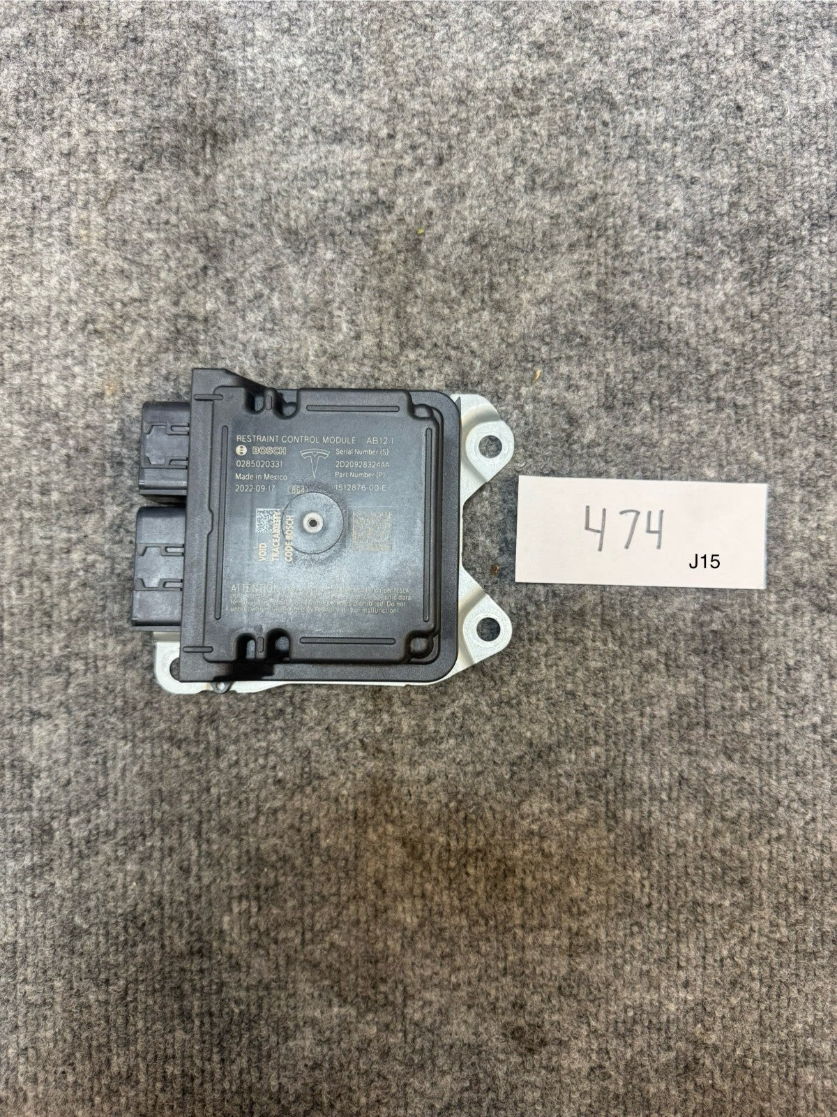 2017 - 2023 TESLA MODEL 3 RESTRAINT DIAGNOSTIC COMPUTER MODULE OEM, 1512876-00-E