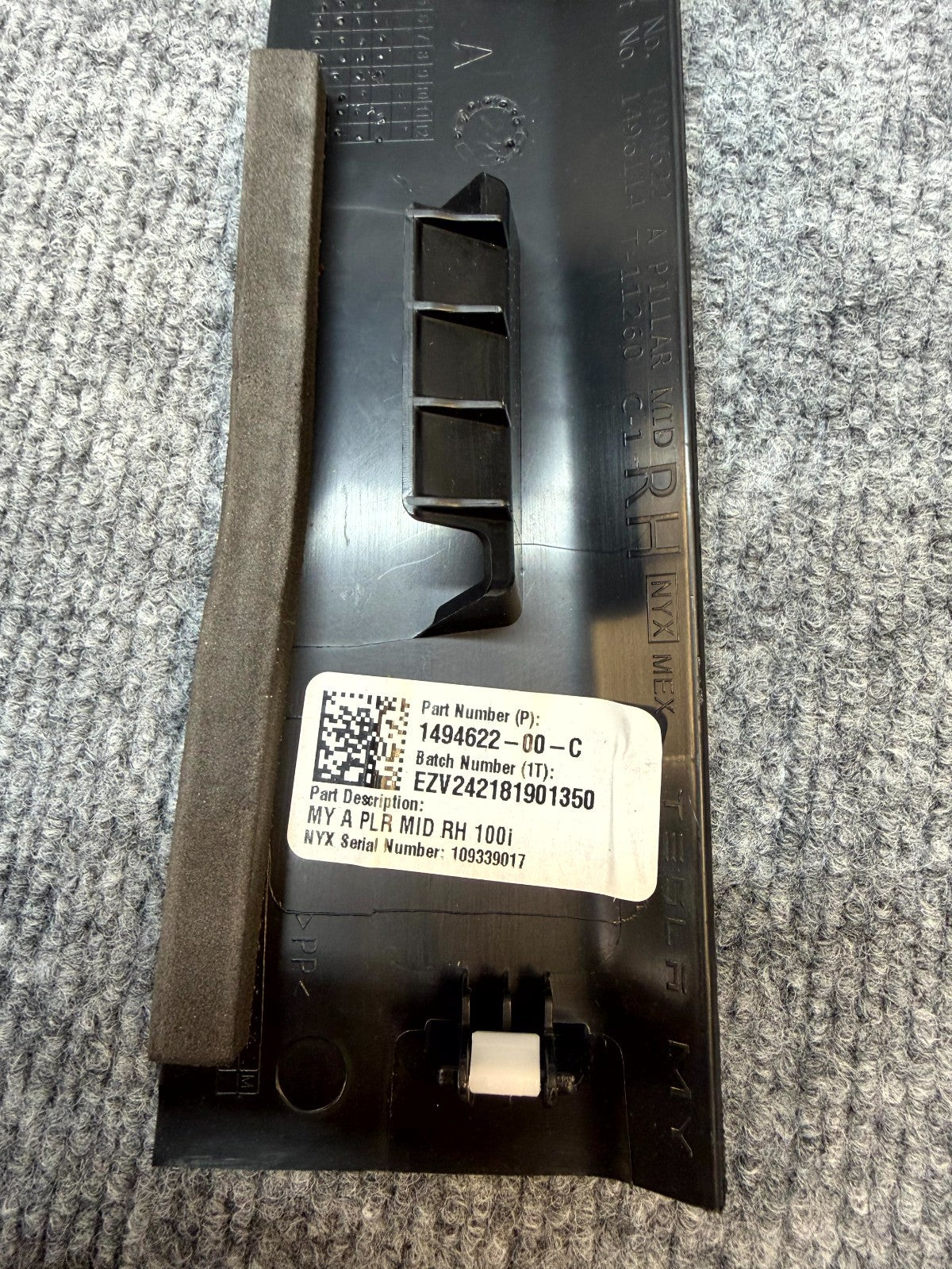 2020 - 2024 TESLA MODEL Y FRONT RIGHT SIDE A-PILLAR TRIM COVER OEM, 1494622-00-C