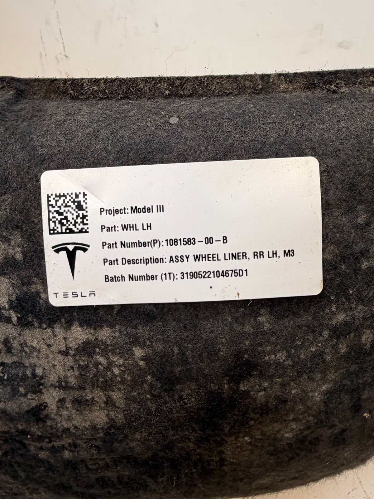 2017-2023 Tesla Model 3 Rear Left Wheel Fender Liner Splash Shield 1081583-00-B