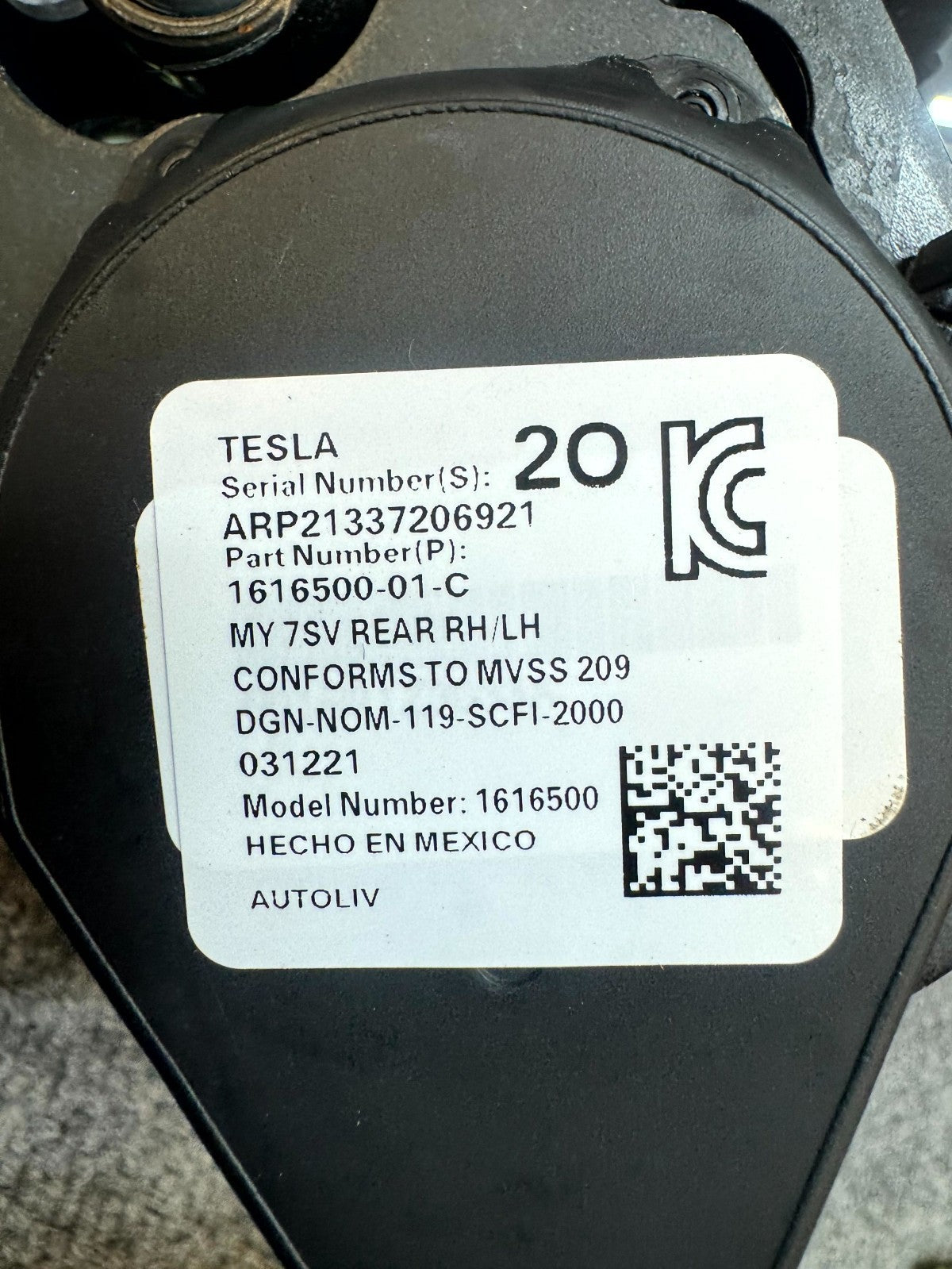 2020 - 2024 TESLA MODEL Y REAR RIGHT / LEFT SIDE SEAT BELT OEM, 1616500-01-C