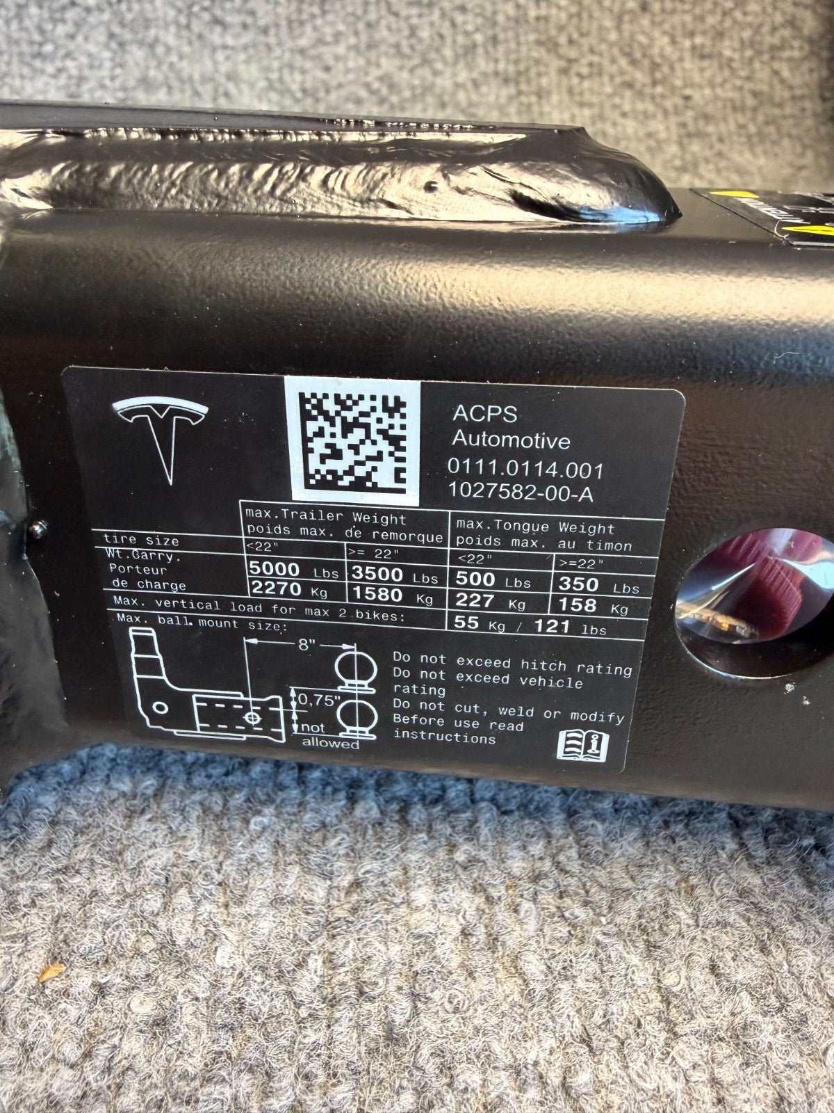 2016-24 TESLA Model X Tow ACPS Hook Trailer Hitch Receiver And Key 1027582-00-A