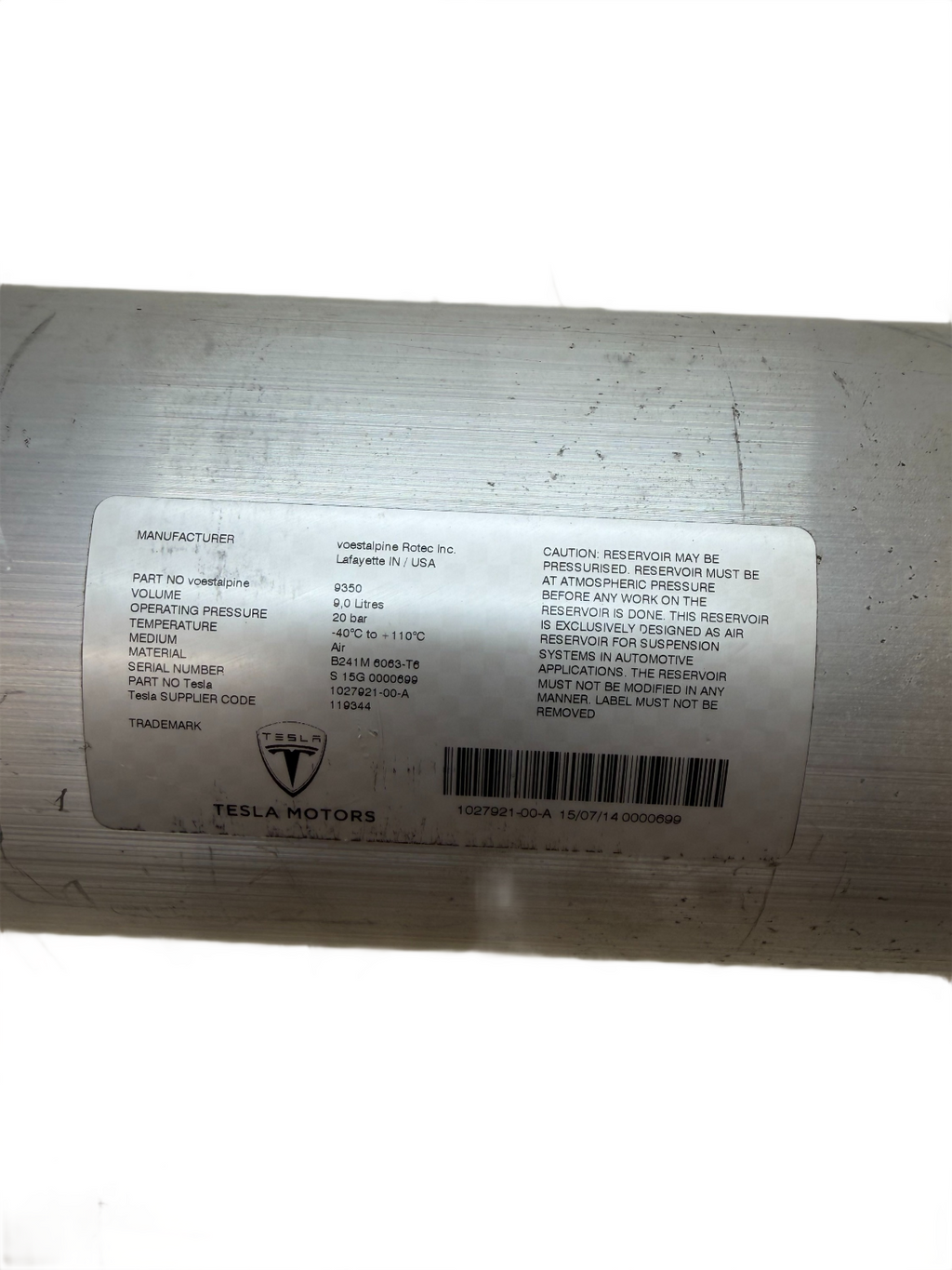 2016-2020 Tesla Model X Air Suspension Pressure Accumulator Vacuum Tank OEM