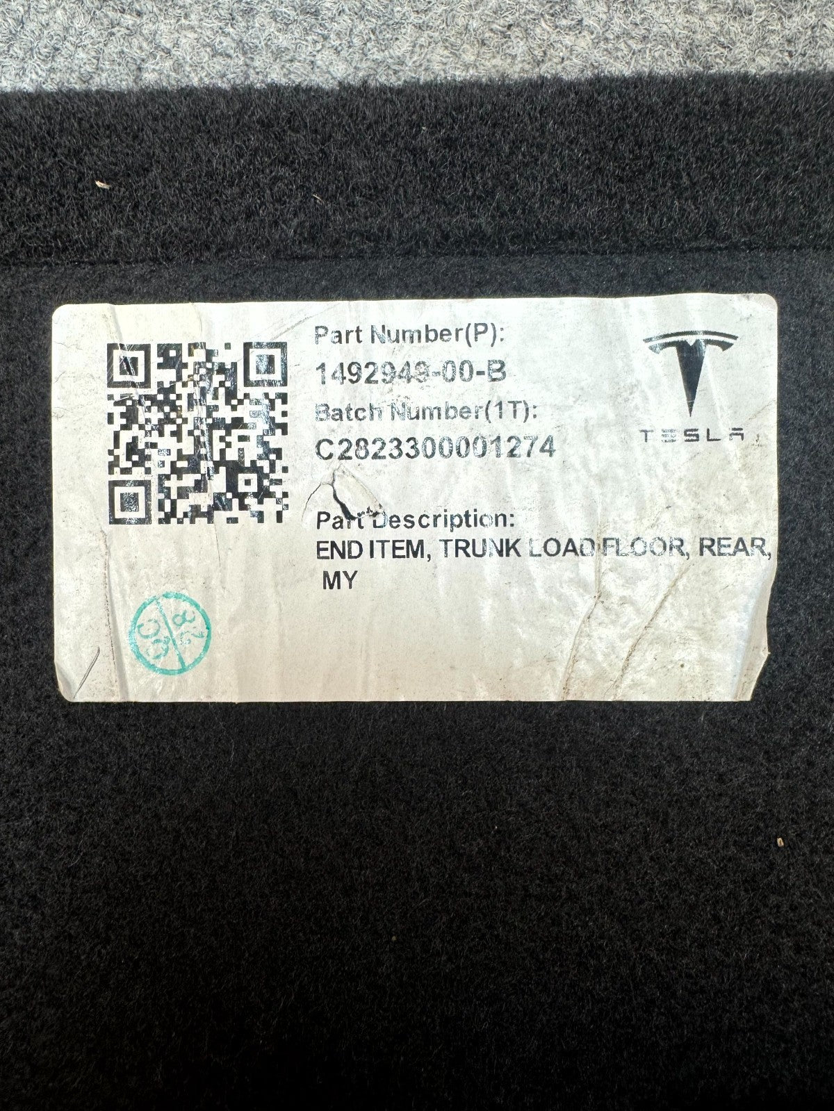 2020 – 2024 TESLA MODEL Y REAR TRUNK FLOOR CARGO CARPET MAT OEM, 1492949-00-B