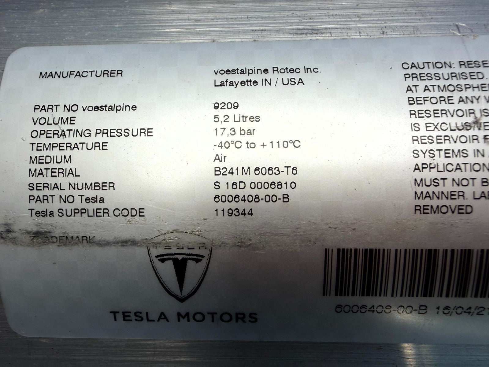 ♦️12-20 TESLA MODEL S AIR RIDE SUSPENSION RESERVOIR TANK VALVE OEM, 6006408-00-B