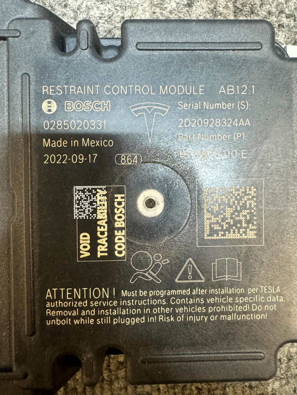 2017 - 2023 TESLA MODEL 3 RESTRAINT DIAGNOSTIC COMPUTER MODULE OEM, 1512876-00-E