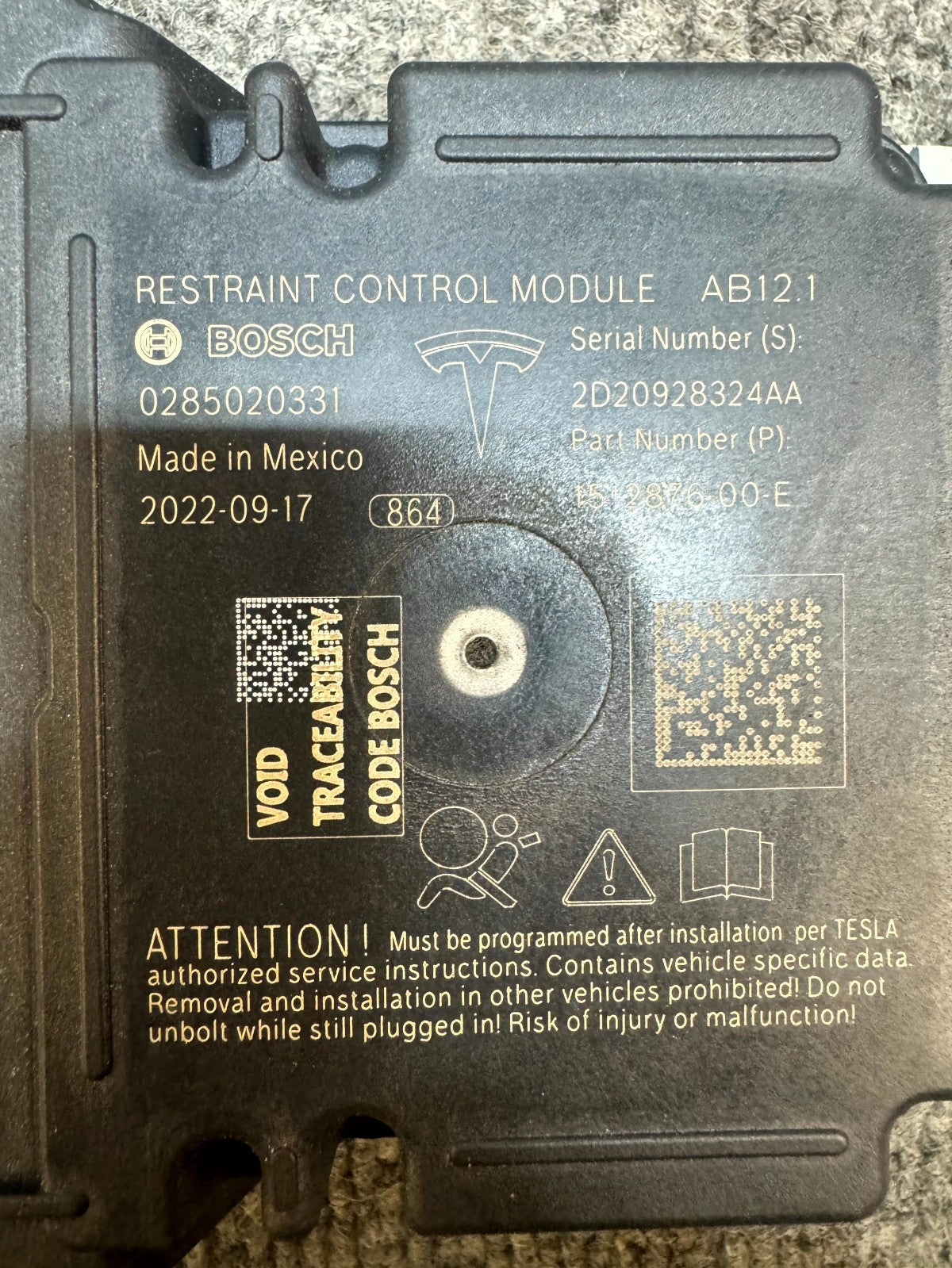 2017 - 2023 TESLA MODEL 3 RESTRAINT DIAGNOSTIC COMPUTER MODULE OEM, 1512876-00-E