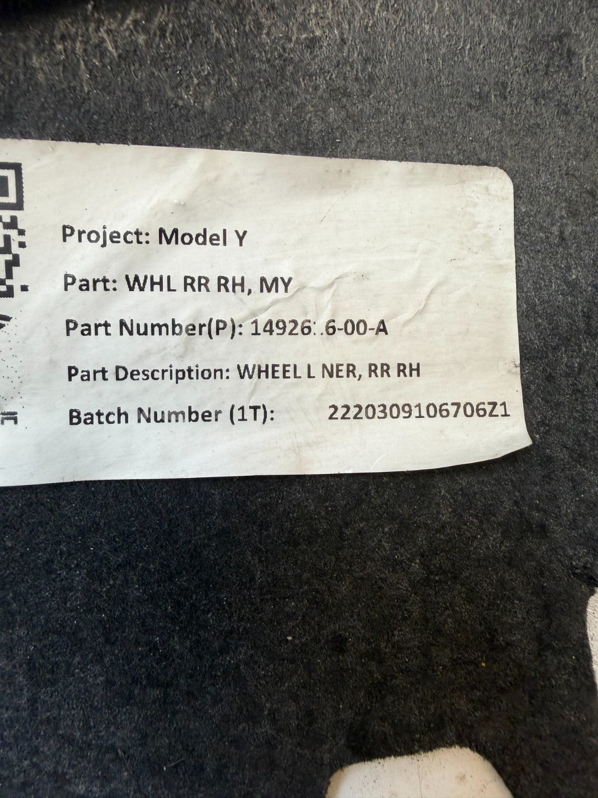 2017-2023 Tesla Model Y Rear Right Wheel Liner Fender Splash Shield 1492616-00-A