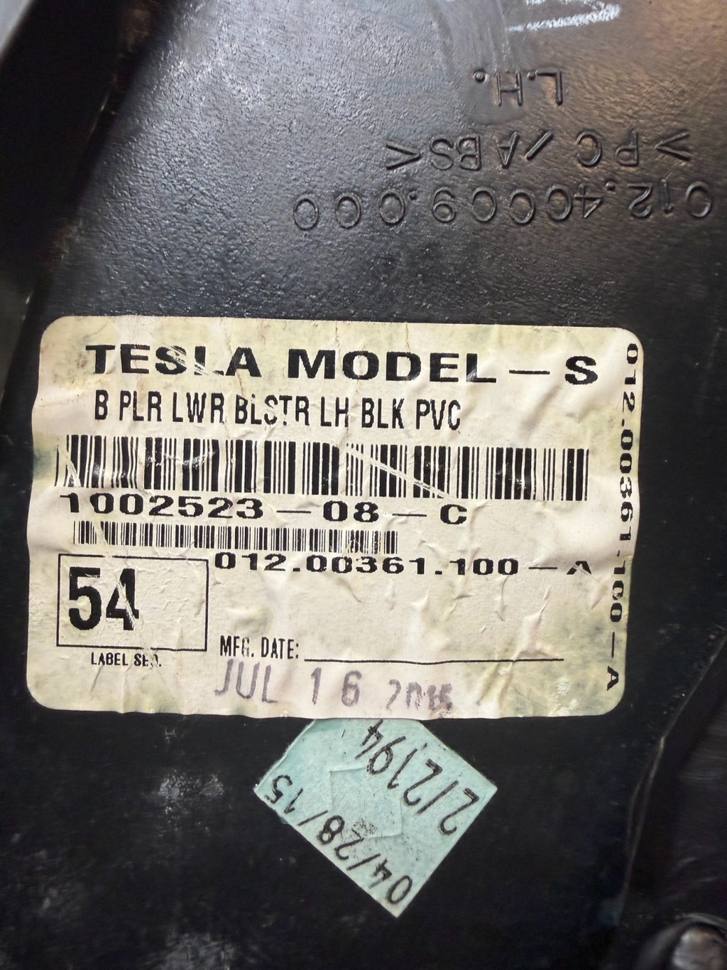 12-15 Tesla Model S Driver Side Lower Center B-Pillar Trim Panel 1002523-08-C