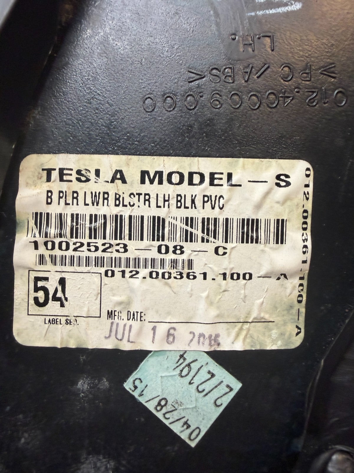 12-15 Tesla Model S Driver Side Lower Center B-Pillar Trim Panel 1002523-08-C