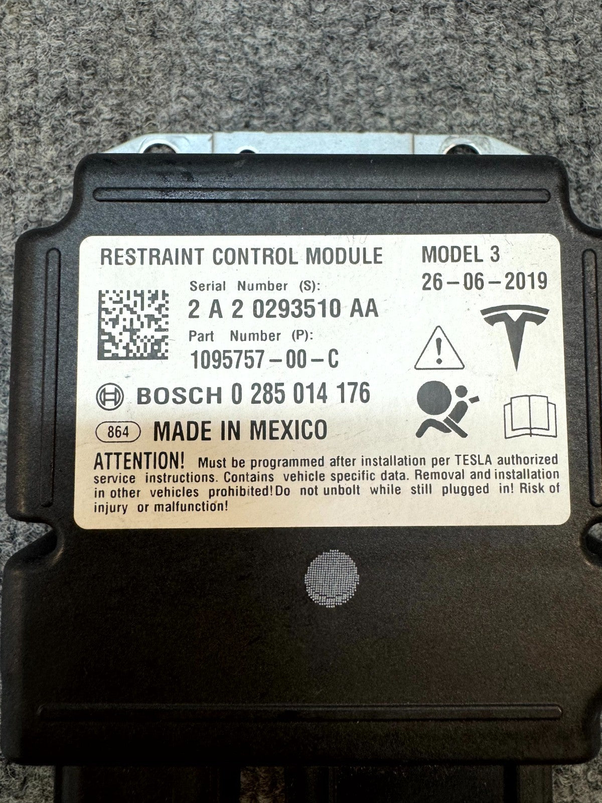 2017-2023 TESLA MODEL 3 SAFETY RESTRAINT COMPUTER CONTROL MODULE OEM, 109575700C