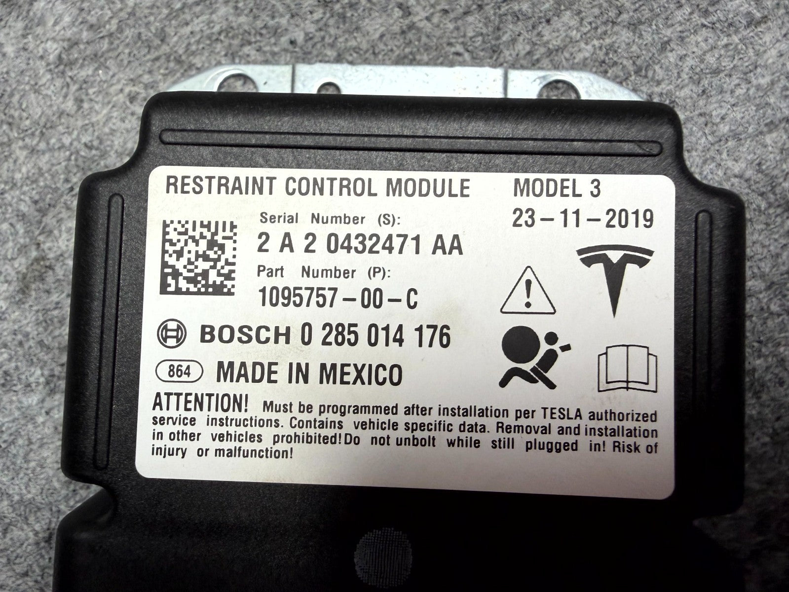 ♦️2017-2023 TESLA MODEL 3 RESTRAINT COMPUTER CONTROL MODULE UNIT OEM, 109575700C
