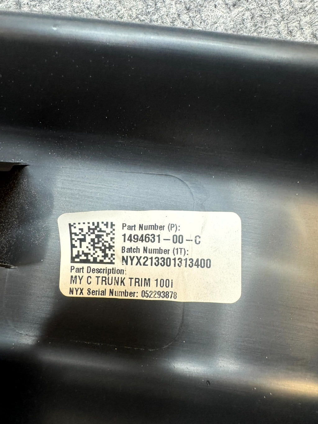 2020-2024 TESLA MODEL Y TRUNK LATCH LOCK SILL SCUFF PLATE TRIM OEM, 1494631-00-C