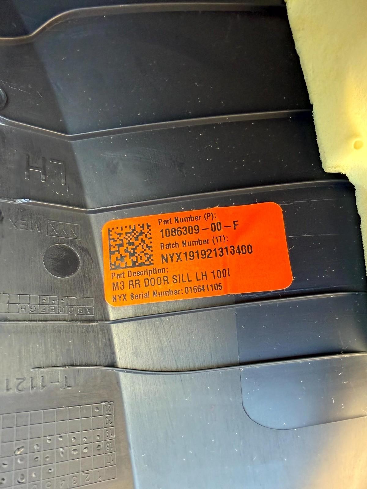 ♦️17-23 TESLA MODEL 3 REAR LEFT DOOR SILL SCUFF PLATE TRIM PANEL OEM, 108630900F